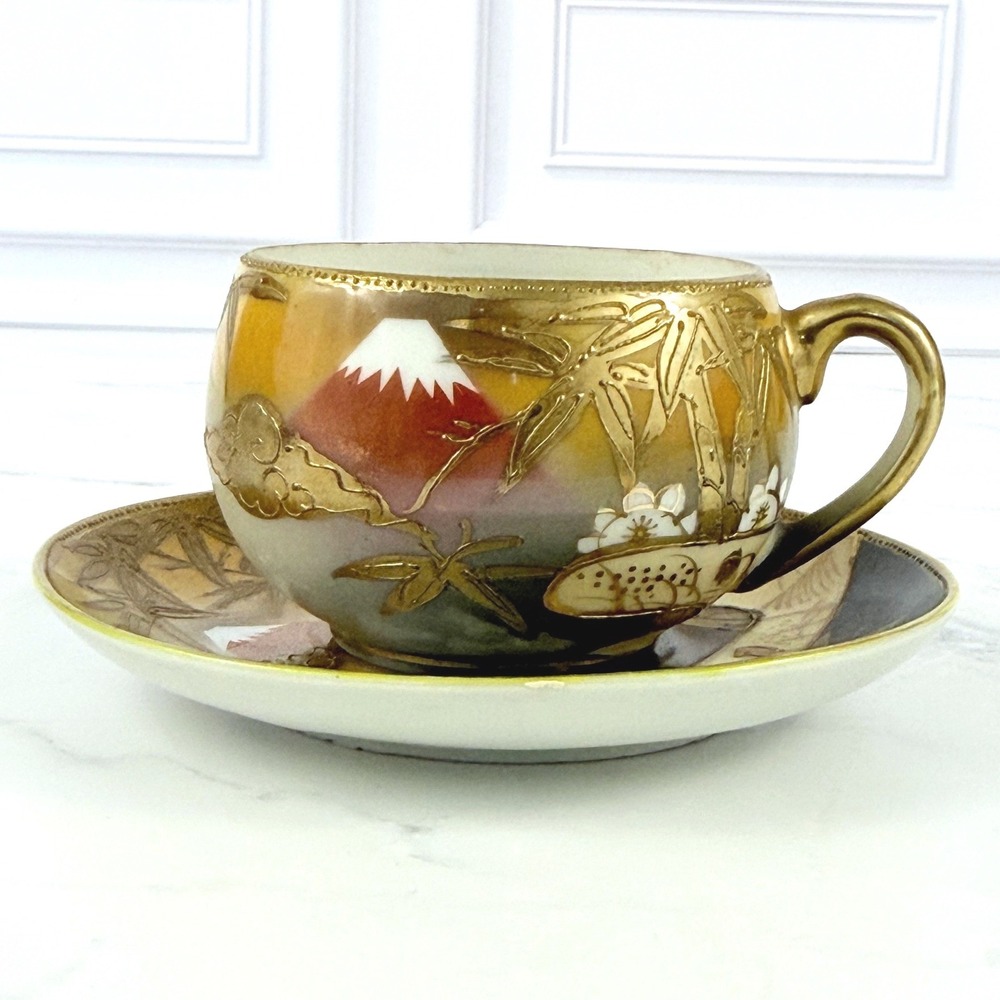 VTG Mt. Fuji Japan Hand Painted Teacup and Saucer Bamboo Gilded